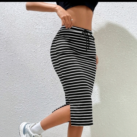 Striped Split Side Drawstring Waist Skirt - Picture 1 of 5